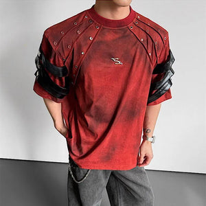 Red riveted strap cyberpunk shirt with black sleeve bands