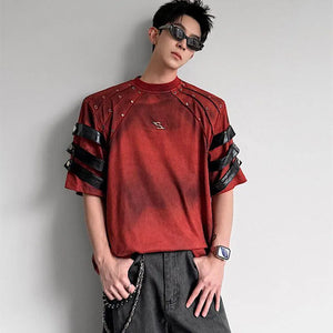 Red riveted strap cyberpunk shirt with black sleeve bands