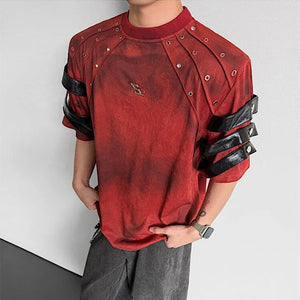 Red riveted strap cyberpunk shirt with black sleeve bands