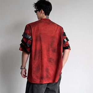 Red riveted strap cyberpunk shirt with black sleeve bands