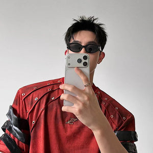 Red riveted strap cyberpunk shirt with black sleeve bands