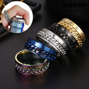 Roman Chain Techwear Ring in five finishes stacked on a dark tray, inset showing it opening a bottle
