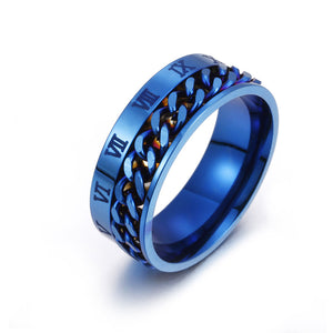 Roman Chain Techwear Ring in blue, angled view of the Roman numerals around the spinning curb chain