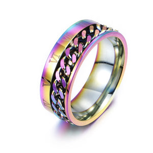 Roman Chain Techwear Ring in rainbow finish, angled view of the iridescent band and curb chain