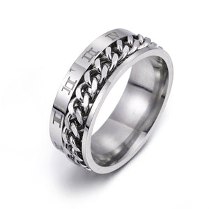 Roman Chain Techwear Ring in silver-tone, angled view of the spinning curb chain and engraved numerals