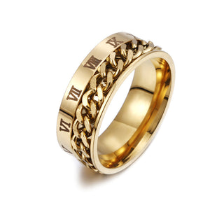 Roman Chain Techwear Ring in gold-tone, angled view of the engraved numerals and spinning chain