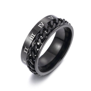 Roman Chain Techwear Ring in black, angled view on white showing the numerals and black curb chain