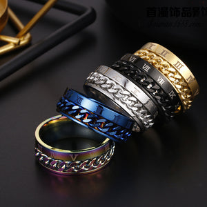 Roman Chain Techwear Ring in rainbow, blue, silver-tone, black and gold-tone finishes side by side