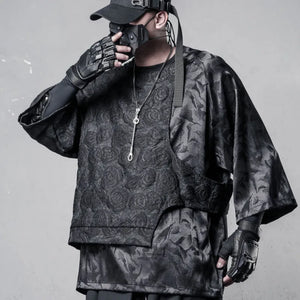 Rose Patchwork Mens T Shirt in black — dark techwear streetwear, view 2 of 7