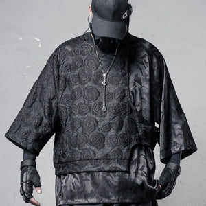 Rose Patchwork Mens T Shirt in black — dark techwear streetwear, view 3 of 7
