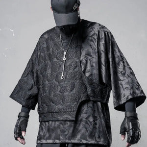 Rose Patchwork Mens T Shirt in black — dark techwear streetwear, view 4 of 7