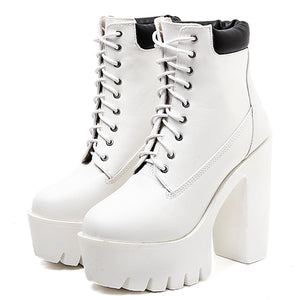 Round Toe White Platform Boots Womens