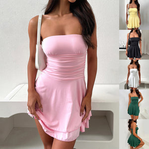 Ruched Bandeau Y2K Dress in pink, front view with a white shoulder bag, the other colours inset at the side