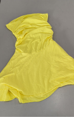 Ruched Bandeau Y2K Dress in yellow laid flat on a grey surface, unstyled close product photo