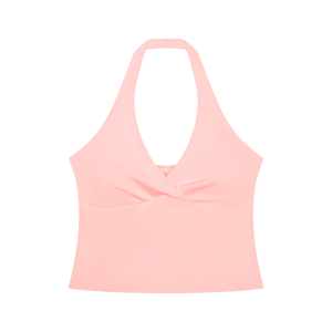 Pink colourway of the ruched halter tank laid flat from the front, twist under the bust and a deep V neck