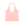 Back of the pink ruched halter top laid flat, a wide open back with a halter strap and a small logo
