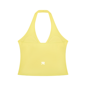 Back of the yellow halter top laid flat, a deep open back with the halter strap and a small logo