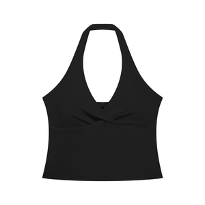 Black ruched halter yoga tank top laid flat from the front, twisted bust detail and a plunging V neckline