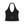 Back of the black halter yoga top laid flat, open neck strap and a small white logo low on the back