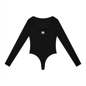 Black long sleeve bodysuit laid flat from the front, wide scoop neckline, small white logo and high-cut legs