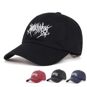 Black baseball cap with jagged white script embroidery on the front