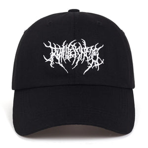 Black baseball cap with jagged white script embroidery on the front