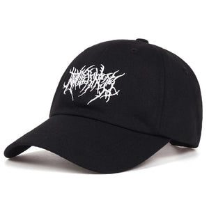 Black baseball cap with jagged white script embroidery on the front