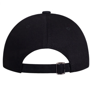 Black baseball cap with jagged white script embroidery on the front