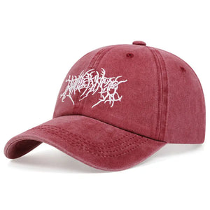 Black baseball cap with jagged white script embroidery on the front