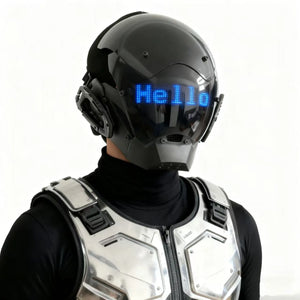 Cyberpunk helmet with a scrolling LED text screen across the visor