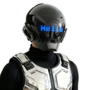 Cyberpunk helmet with a scrolling LED text screen across the visor