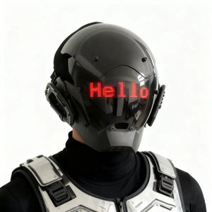 Cyberpunk helmet with a scrolling LED text screen across the visor