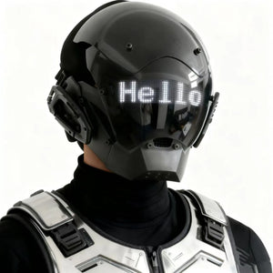 Cyberpunk helmet with a scrolling LED text screen across the visor