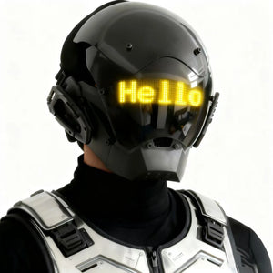 Cyberpunk helmet with a scrolling LED text screen across the visor