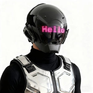 Cyberpunk helmet with a scrolling LED text screen across the visor