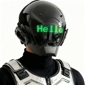 Cyberpunk helmet with a scrolling LED text screen across the visor