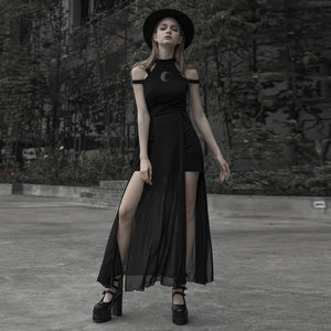 Woman in the Sheer Cut Out Goth Dress and a black hat, full front view with the high slit open