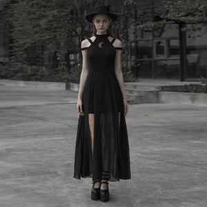 Front view of the black maxi goth dress with strappy cut out shoulders and a sheer chiffon overskirt