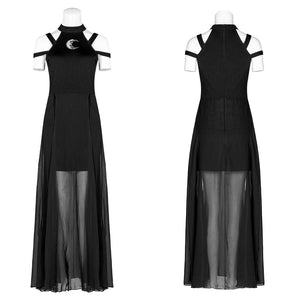 Μαύρο goth φόρεμα με cut out σε μανεκέν, μπροστινή και πίσω όψη της απλικέ φεγγαριού και της διάφανης φούστας