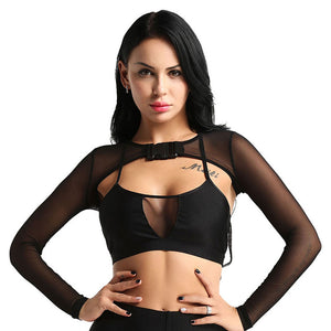 Sheer Mesh Buckle Crop Top in black, front view over a black bra top with the chest buckle and see-through sleeves