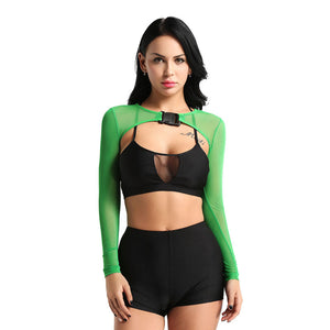 Green sheer mesh crop top with a black chest buckle, front view over a black bra top and black shorts