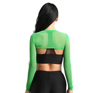Back view of the green sheer mesh crop top, transparent mesh across the shoulders over a black bra top