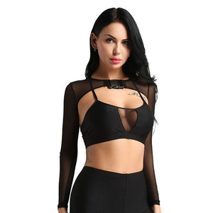 Black Sheer Mesh Buckle Crop Top, front view with the open chest front and buckle fastening, mesh sleeves