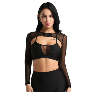 Black sheer mesh crop top on a model with hands at the sides, the short cut and long see-through sleeves