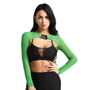 Green Sheer Mesh Buckle Crop Top, front view with one hand on the hip, bright green mesh and black buckle