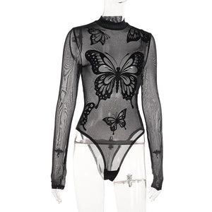Sheer Mesh Long Sleeve Bodysuit — women's black butterfly mesh see-through long-sleeve bodysuit