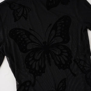 Sheer Mesh Long Sleeve Bodysuit — women's black butterfly mesh see-through long-sleeve bodysuit