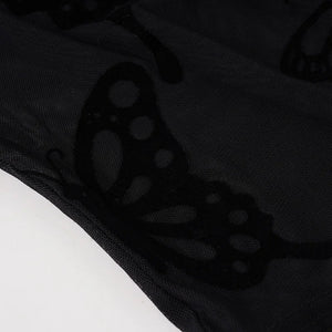 Sheer Mesh Long Sleeve Bodysuit — women's black butterfly mesh see-through long-sleeve bodysuit