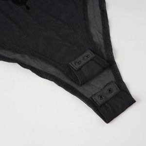Sheer Mesh Long Sleeve Bodysuit — women's black butterfly mesh see-through long-sleeve bodysuit