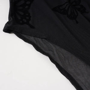 Sheer Mesh Long Sleeve Bodysuit — women's black butterfly mesh see-through long-sleeve bodysuit